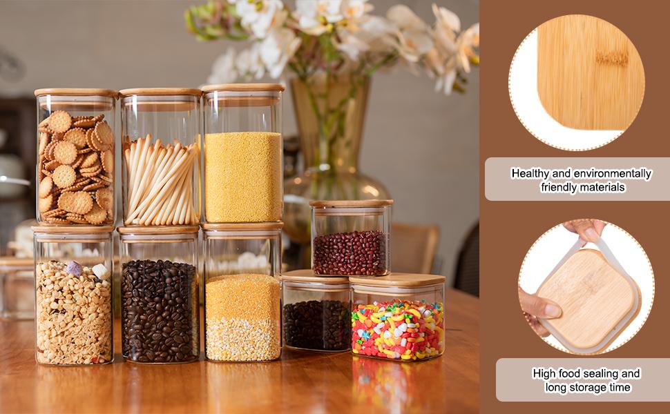 Glass Food Storage Jars 37 oz Set of 6,Glass Storage Containers Clear Glass Food Canister with Bamboo Lid Airtight For Serving Tea, Coffee, Flour, Sugar, Candy, Cookie, Spice and More (Square)