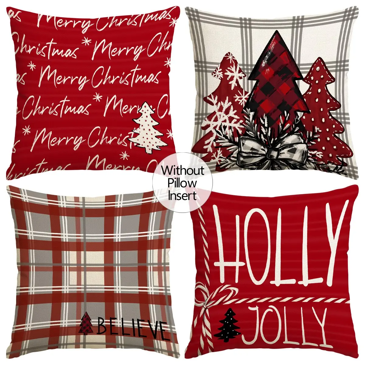 4pcs Classic Red Grid Christmas Pillow Set, Room Decoration, Snowflake Christmas Tree Merry Christmas Pillow Set, Retro Grid Christmas Tree Cushion Set, Christmas Faith Festival Printed Pillow Set, Winter Festival Home Decoration (No Pillow Core)