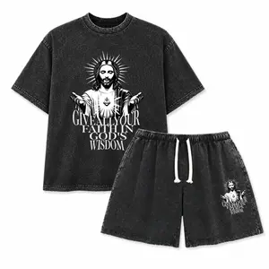 Vintage Washed Graphic T - Shirt For Men Women Round Neck Short Sleeve (Figure With Light Halo + 'GIVE ALL YOUR FAITH IN GOD'S WISDOM' Text) Casual Daily Wear