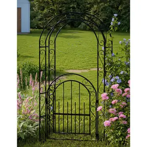 Garvee New Upgraded Black Metal Garden Arch with Gate - 7FT Steel Wedding Arbor for Climbing Plants, Decorative Outdoor Archway for Patio Backyard Lawn, Elegant Rose Trellis Pergola