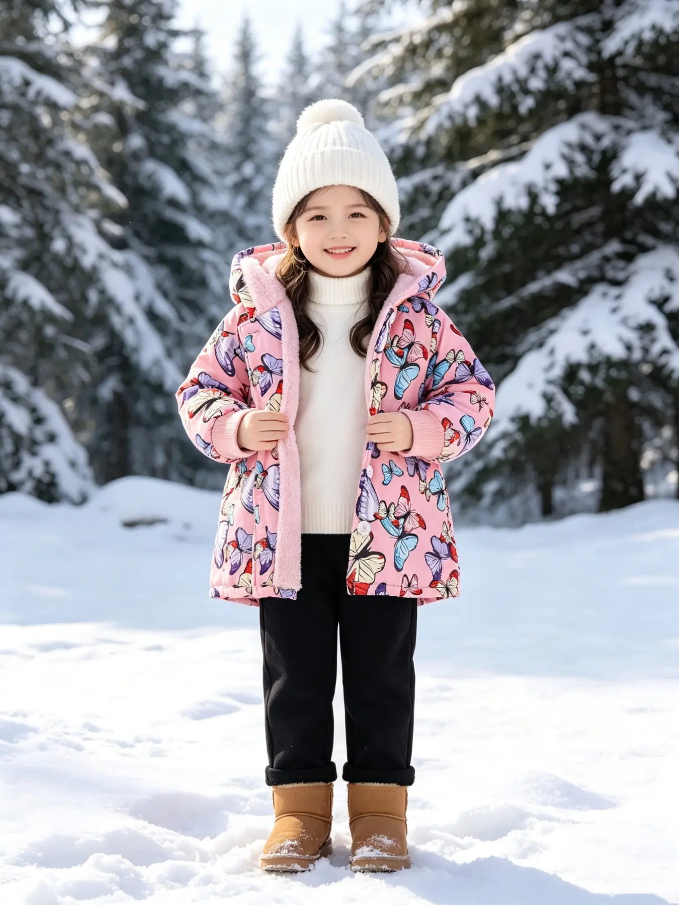 Girls' Butterfly Print Down Jacket, Hooded Winter Coat, Windproof and Warm, Kids Snow Gear, Perfect for Cold Weather