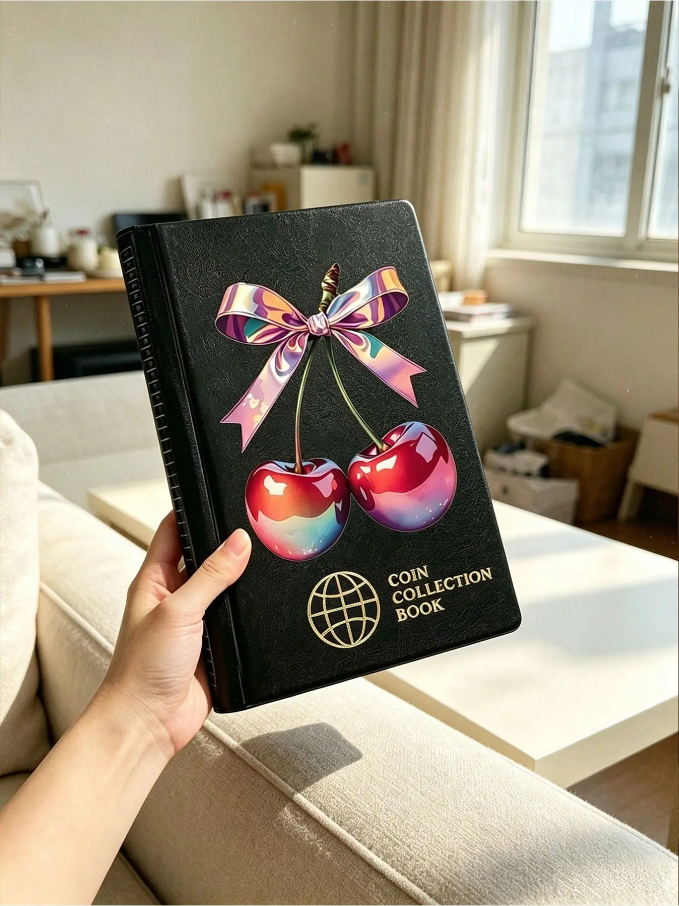 Coin album with bows and cherries, multifunctional PVC banknote and coin collection book, portable commemorative penny coin book, penny coin collection book, penny coin collection passport
