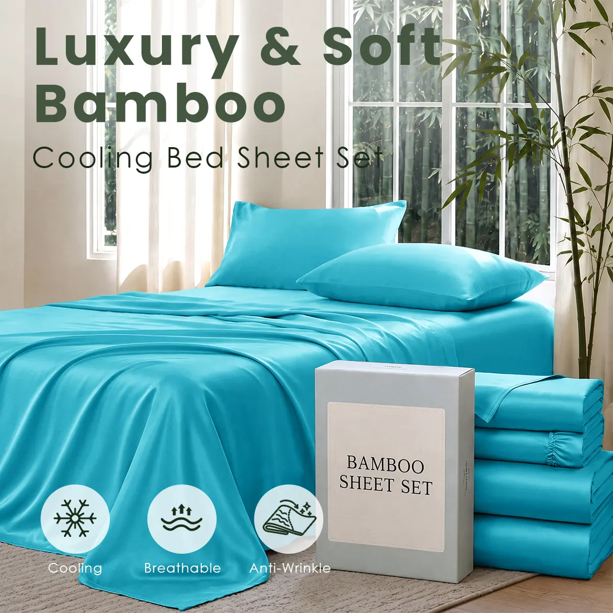 OS OMYSTYLE Cooling Bamboo Sheet Set, Ultra Breathable, Skin-Friendly, Anti-Wrinkle Queen Sheet Set, 16 Inch Deep Pocket Fitted Sheet, Machine Washable, Twin, Full, Queen, King, Multiple Sizes Suitable for College Dorm Room