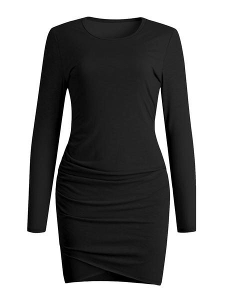 Women's Plain Ruched Wrap Asymmetrical Hem Bodycon Dress, Casual Long Sleeve Round Neck Short Dress for Spring & Fall, Women's Clothing for Daily Wear