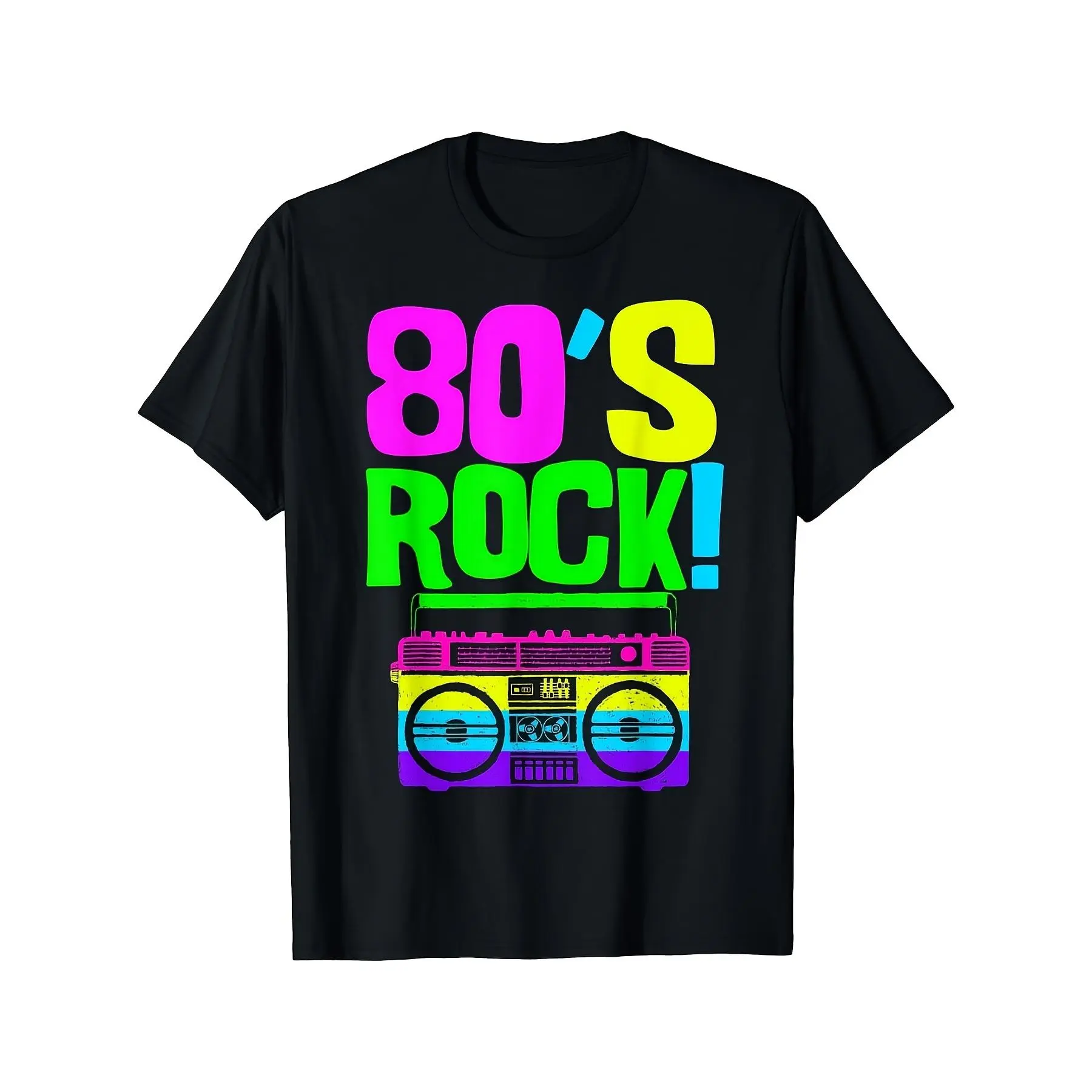 Men'S Vintage 80S Rock T-Shirt Neon Graphic Retro Boombox Design Black Background with 80'S ROCK Text Party Shirt for 80S Theme Events Concerts Labour Day Machine Washable Regular Fit R, Plus Size Streetwear Menswear Basic Print Soft