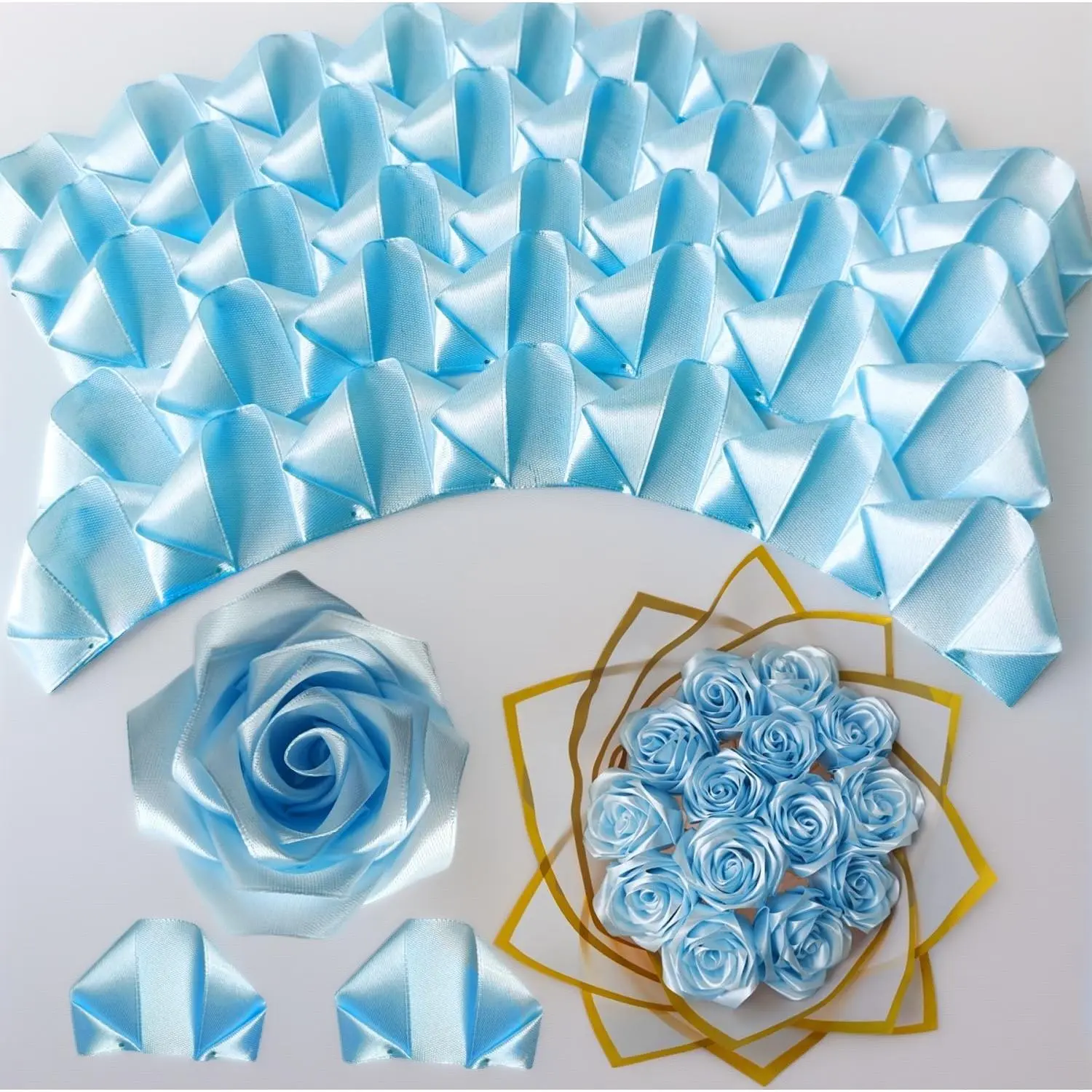 320-Pack Handmade Ribbon Rose Petals – Premade Artificial Flower Petals for DIY Forever Flower Bouquets, Eternal Flowers, Wedding, Anniversary & Birthday Gifts (Light Blue)