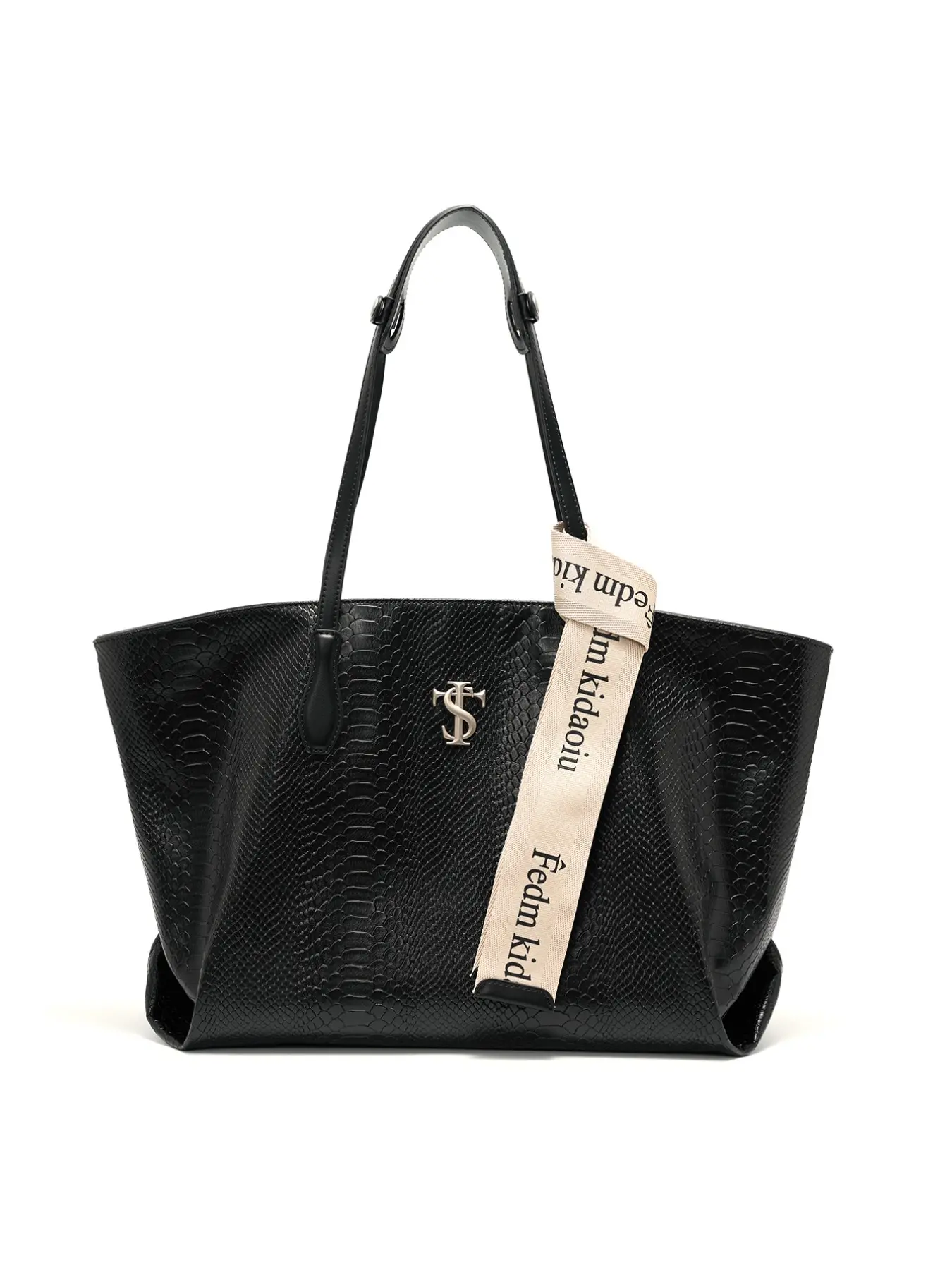 Black Embossed Snake Texture Oversized Aesthetic Tote Bag for Ladies, Metal Monogram Accent Soft PU Leather Casual Large Capacity Shoulder Handbag, Office Work Bag, Daily Work Carryall Purse