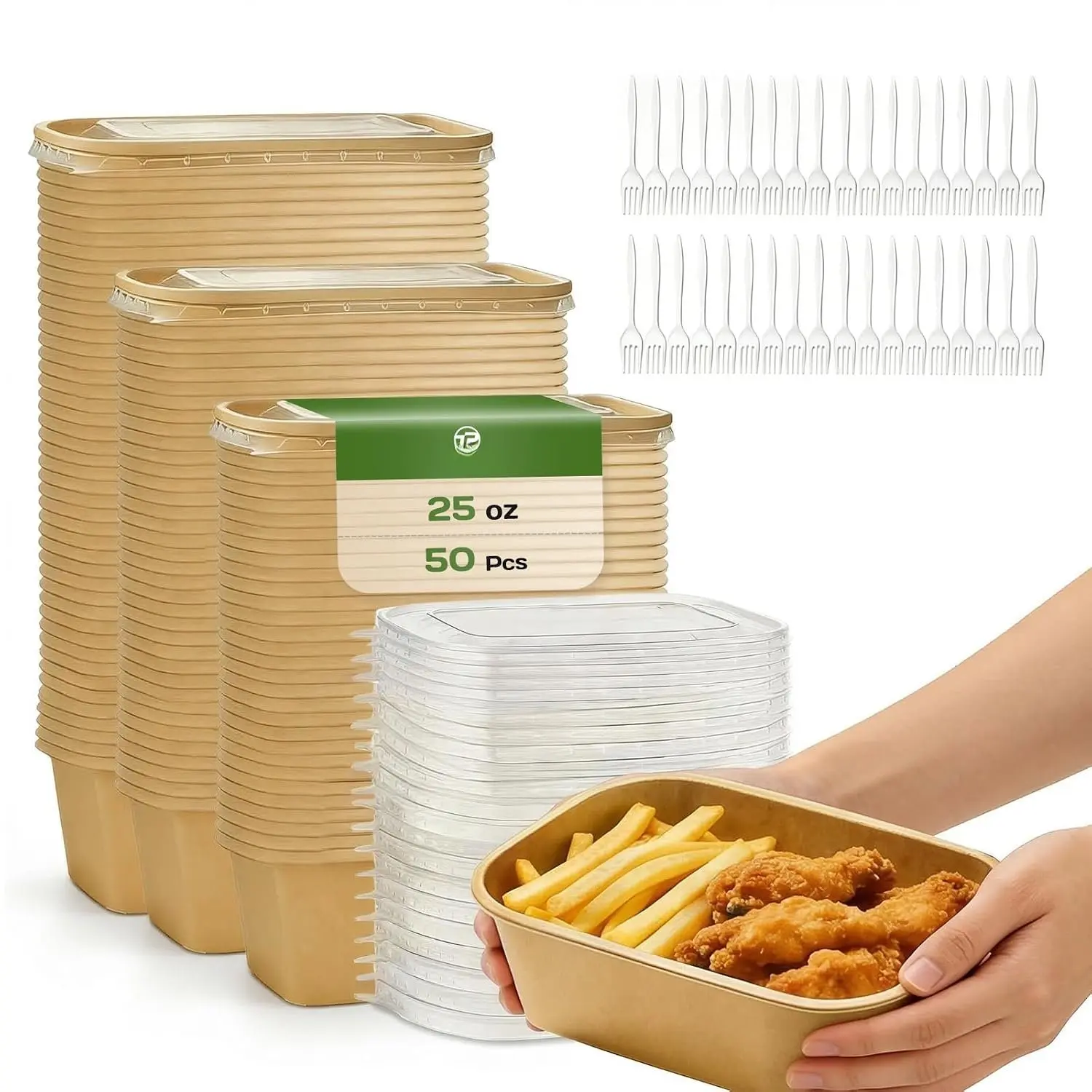 50 Pack 25 OZ Disposable Meal Prep Containers with  and Forks, Large  Paper Bowls for Party, Disposable  Containers with , Freezer and Microwave Safe Meal Prep Containers