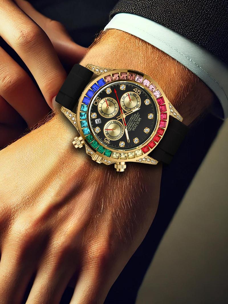 Men's Business Fashion Rhinestone Decorated Analog Quartz Watch, Fashion Watch for Party, Daily Clothing Decor, Trendy All-match & Exquisite Watch for Birthday Gift with Box, Stylish Watch, Rhinestone Watches