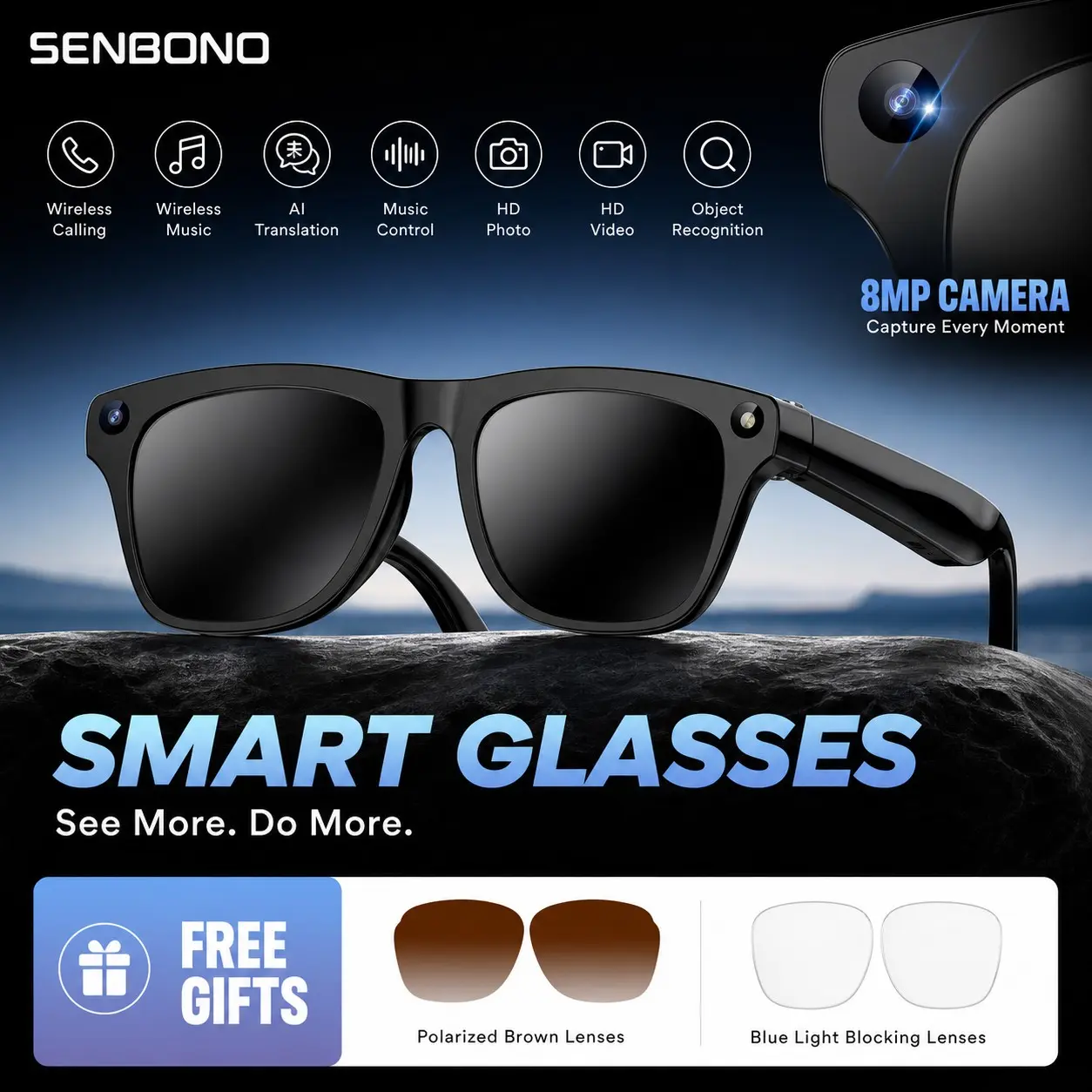 SENBONO Business Ai Translation Glasses, Multi-Language Real-Time Subtitles, 8mp HD Camera, 290mah Battery, LED Torch, Dual Speaker