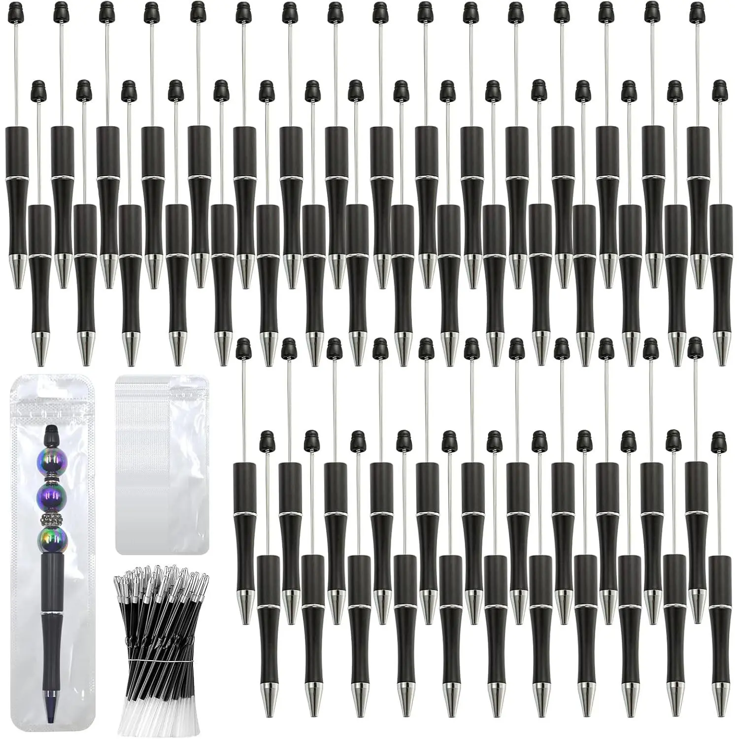 150 Pieces DIY Beadable Pen Kit – 50 Plastic Ballpoint Pens with Refills & Bags – School Supplies, Office Accessories & Decorative Items for Students & Teachers (Black)