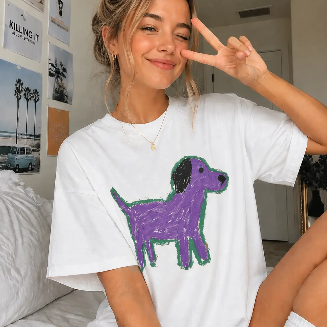 Fun Puppy Print, Featuring An Adorable Hand-Drawn Crayon Puppy, Pet-Themed T-Shirt,Casual Lightweight Top,Unisex Casual Streetwear Tee,Casual Style Graphic,Couple T-Shirts | Funny Graphic And Indie Aesthetic T-Shirt