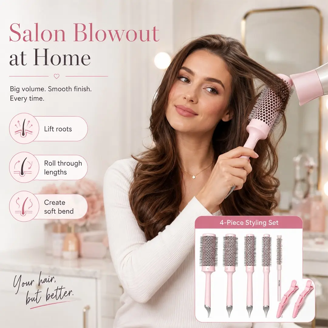 4 in 1 Ceramic Ionic Round Brush Set with 4 Sizes for Smooth, Shiny Blowouts, Added Volume, Faster Drying, Less Frizz and Easy Styling for All Hair Lengths
