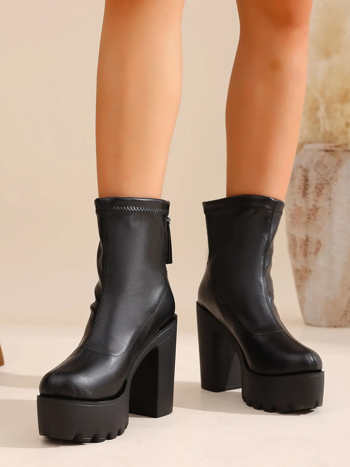 Women's Fall Winter Waterproof Thick Sole Short Boots, Round Toe High Heel Side Zipper, Anti-Slip Wedge Bottom, Fashionable Streetwear