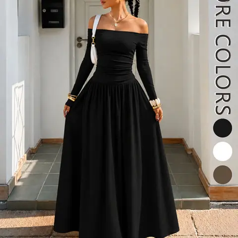 Elegant A-Line Dress for Women, Plain Color Long Sleeve Dress, Vintage Party Wear