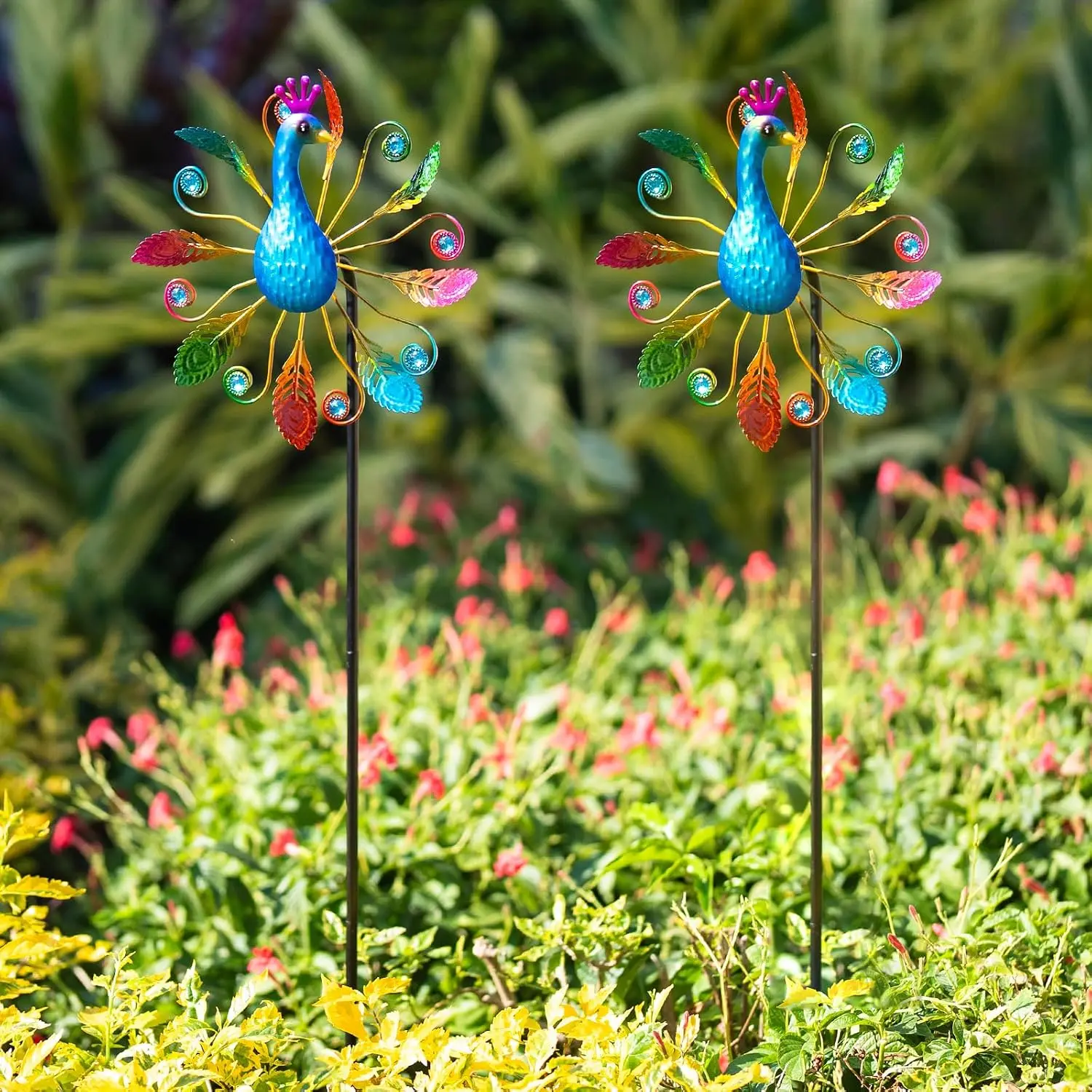 Colorful Peacock Wind Spinners Outdoor 2 count, 38.2 Inch Tall Windmill for Yard Decor, Garden Wind Spinners with   Design, Metal Garden Decor for Patio and Lawn