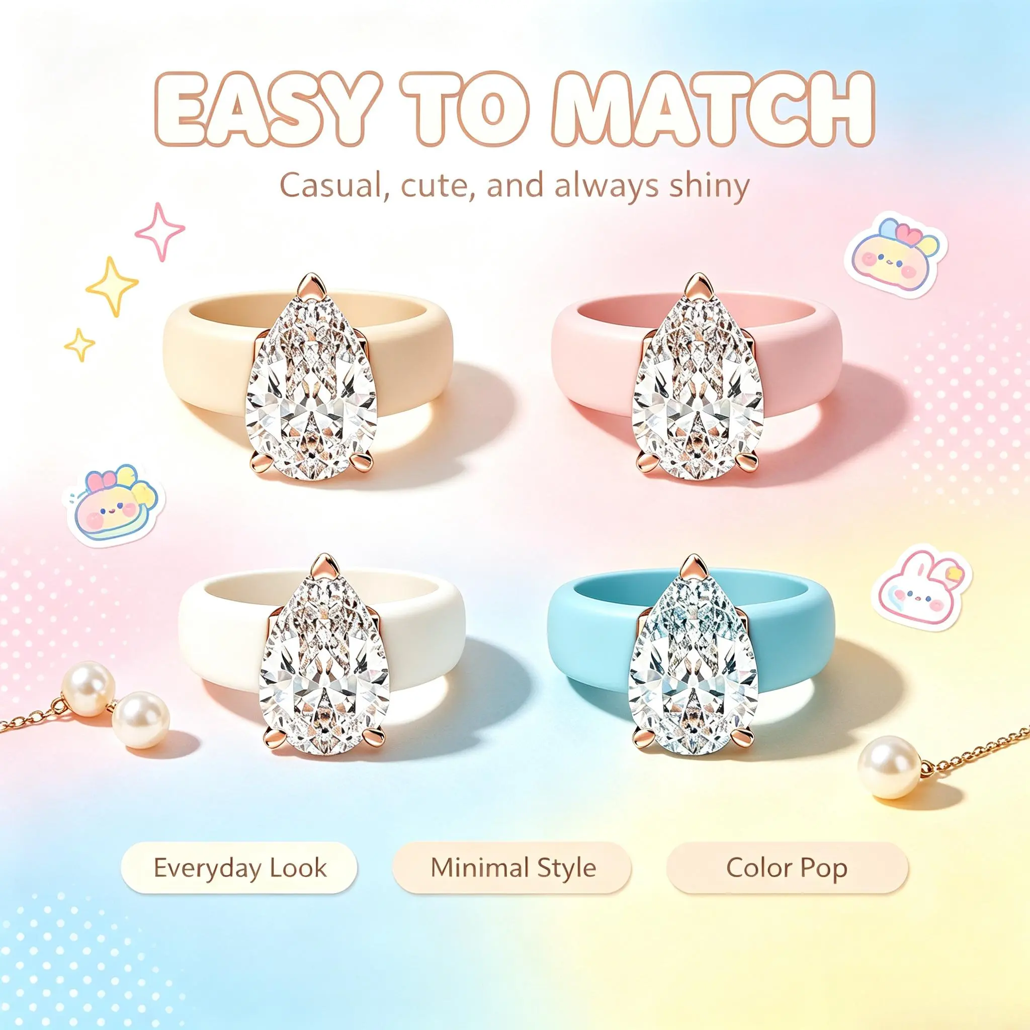 Women’s Luxury Silicone Ring - Female Flexible Band, Marquise Cut CZ Stone, Rose Gold Prong Setting, Multi-Size, Comfortable for Sports, Daily Wear