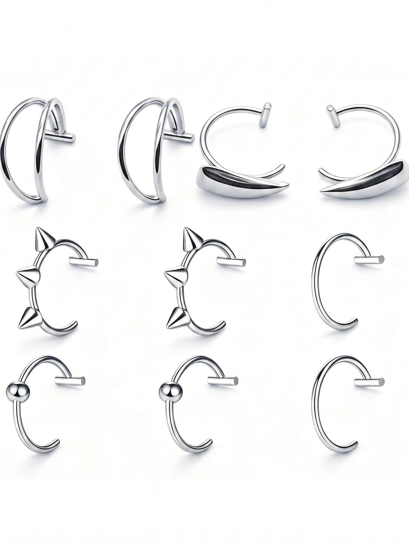 10pcs Punk Gothic Fake Lip Ring Hoop Set, Faux Non-Pierced Lip Cuffs, Clip on Septum Nose Rings, Cartilage Earring, Body Piercing Jewelry, Fake Piercings, Mouth Jewelry