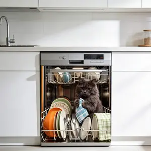 1pcs 2D Dishwasher Cover Panel Stickers, Gray Cat Washing Dishes Design Removable Waterproof PVC Kitchen Decor, Adorable and Playful Style, Creative Kitchen & Home Decor, Suitable for Dishwasher, Fridge, Dryer, Washer Decor, Holiday Decor