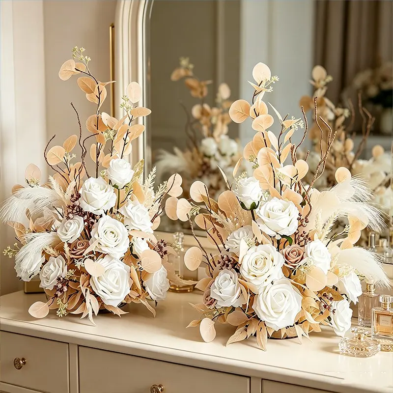 2-Pack Cream Champagne Color Decorative Artificial Table Flowers, Soft Style Rose Dried Reeds Eucalyptus, Tall Fluffy Fake Flowers for Weddings, Cafes, Homes