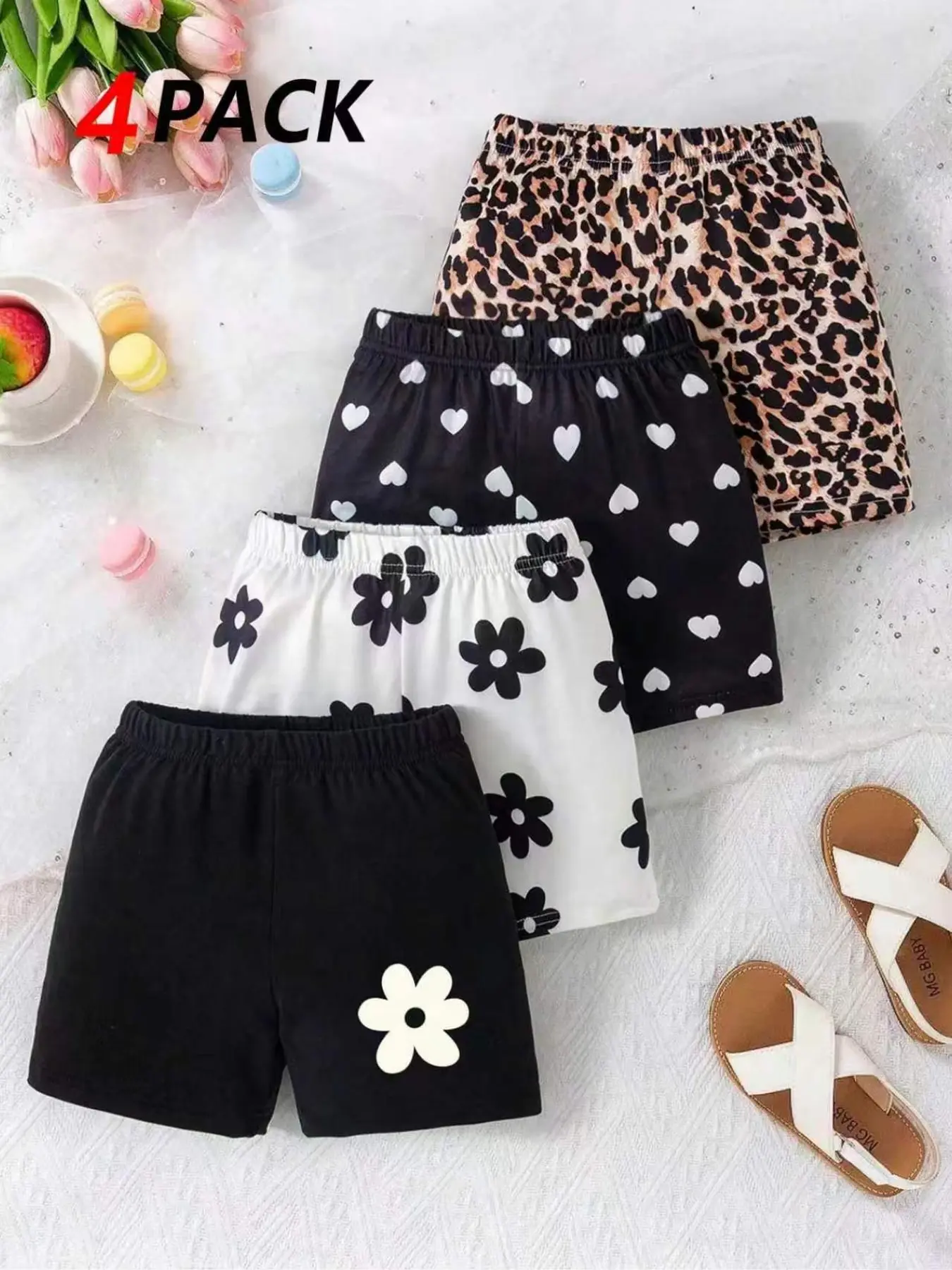 Four-Pack Girls' Elastic Waist Shorts, Soft Skin-Friendly Fabric, Casual Style, All-Day Comfortable Wear, Ideal for Daily Use