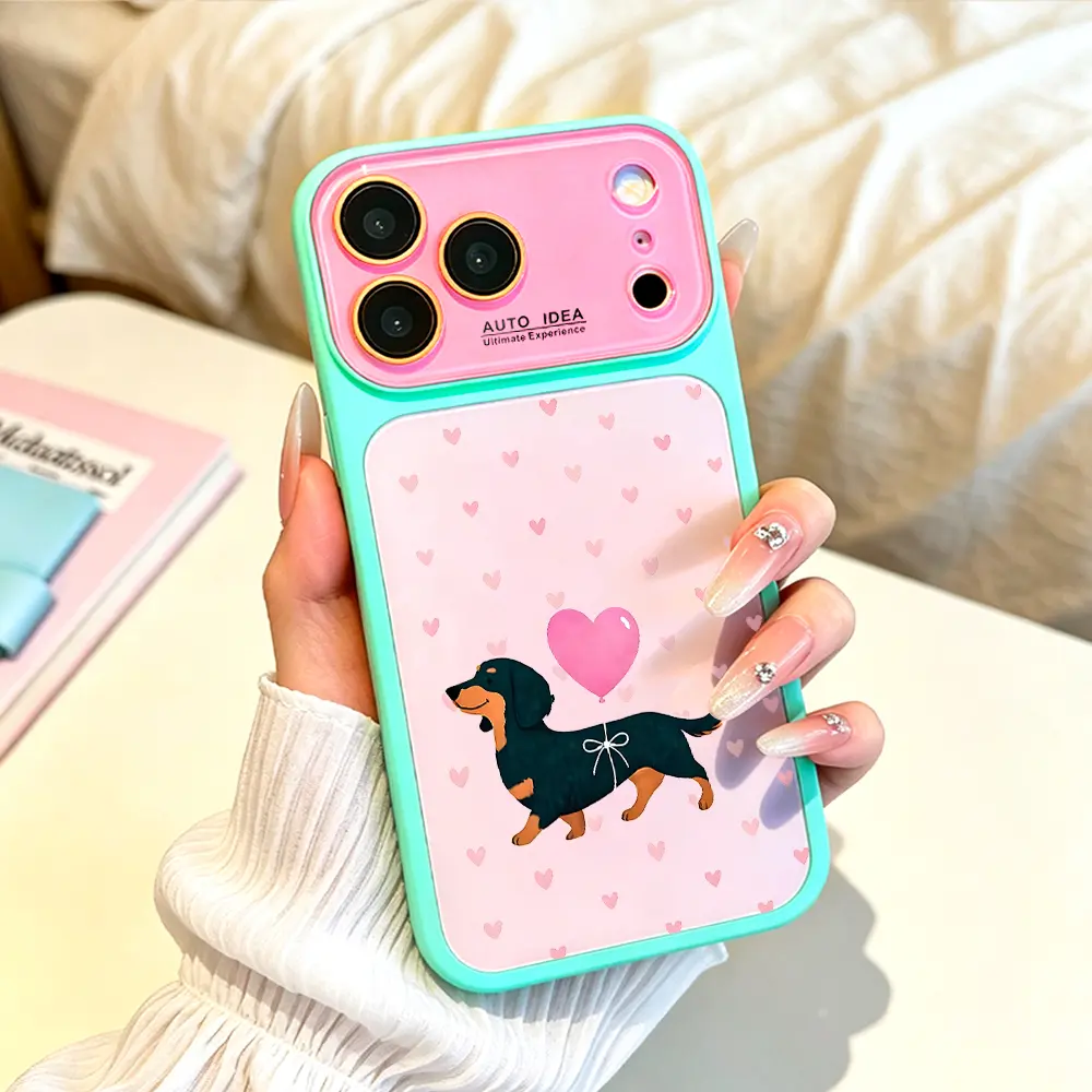 Dachshund Puppy TPU Phone Case for iPhone Series - Heart Print, Sweet Heart Dopamine Color Block, Shockproof, Soft Silicone Matte, Cute Accessories, Pet Pattern Gift for iPhone 17 Pro Max/17 Air/17 Pro/16/15/14/13 Pro Max, Fits Ios