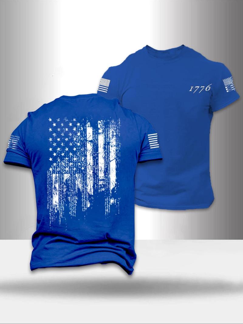 Men's American Flag Print Round Neck Tee, Regular Fit Casual Short Sleeve Crew Neck T-Shirt for Summer, Fashion Men's Top for Daily Wear