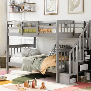 ARCH Twin Over Twin Bunk Bed with Staircase Storage and Guard Rail for Kids Bedroom Dormitory Solid Wood Frame Gray Multiple Color Options No Box Spring Needed, Espresso/Gray/White Color Options, Solid Wood Material, Product Dimensions: 42.10 W x