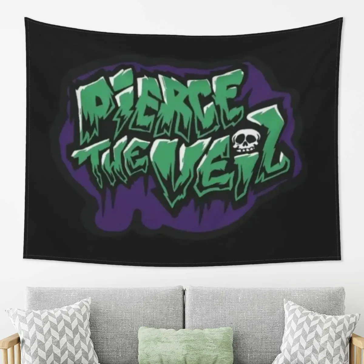 Green Purple Punk Band Logo Tapestry, Graffiti Lettering with Small Skull Accent on Solid Black Background Wall Hanging for Bedroom Dorm Music Room Studio, Gothic Pop Punk Home Decor Wall Art, Peach Skin Fabric, Multiple Sizes Available