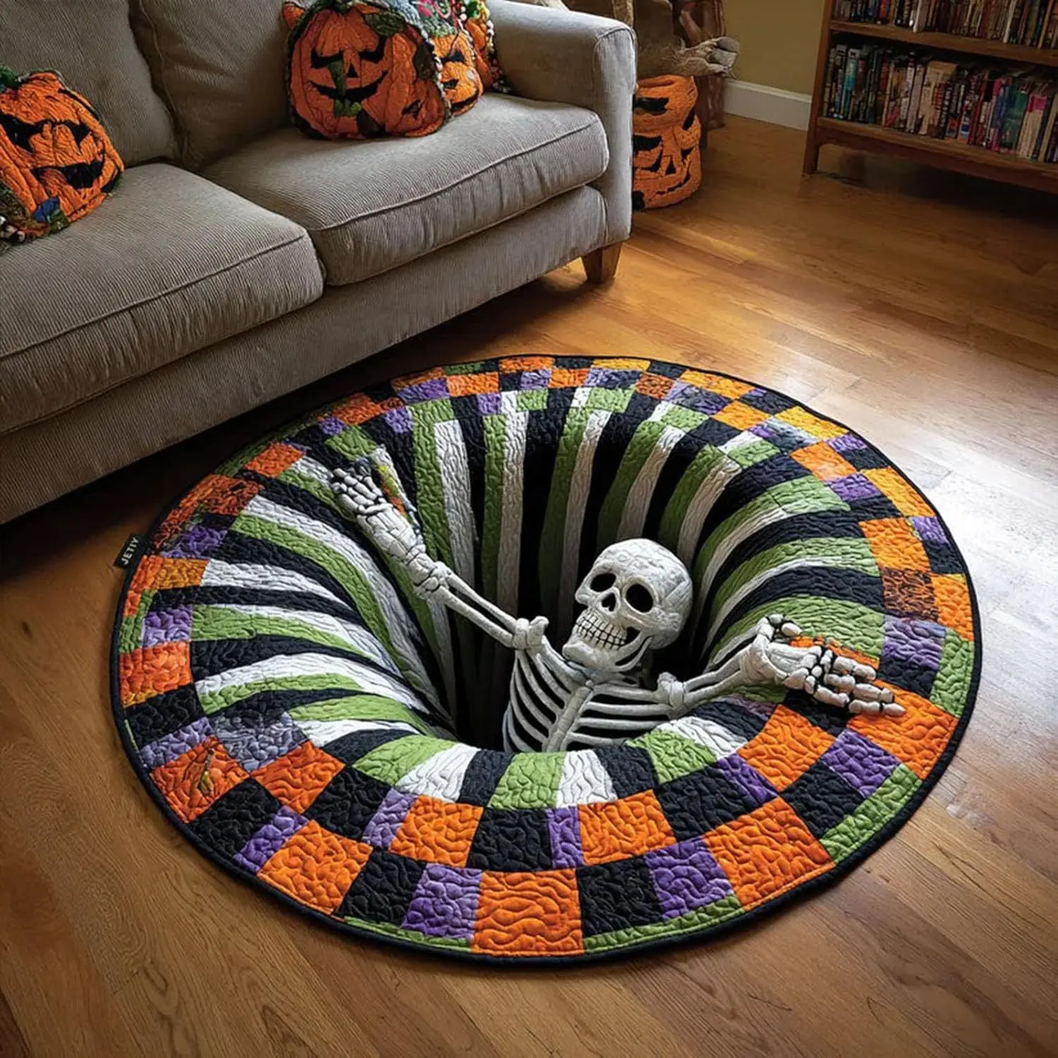 Oversized 3D Optical Illusion Halloween Round Rug, Spooky Skeleton Mummy Octopus Non-Slip Floor Mat, Living Room Bedroom Halloween Decor Carpet, 22 Styles Available (31.5in)