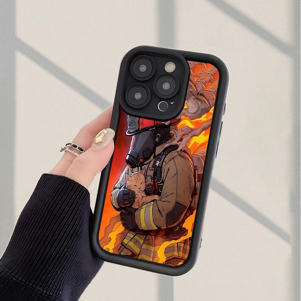 Phone case: Firefighters And Kittens Pattern Fashionable and Popular Shock-Proof Anti-Fingerprint Full Coverage Thick Protective Phone Soft Case Compatible with iPhone 17 E Air Pro ProMax iPhone16 15 14 Plus 13 12 Mini 11 X XS XR