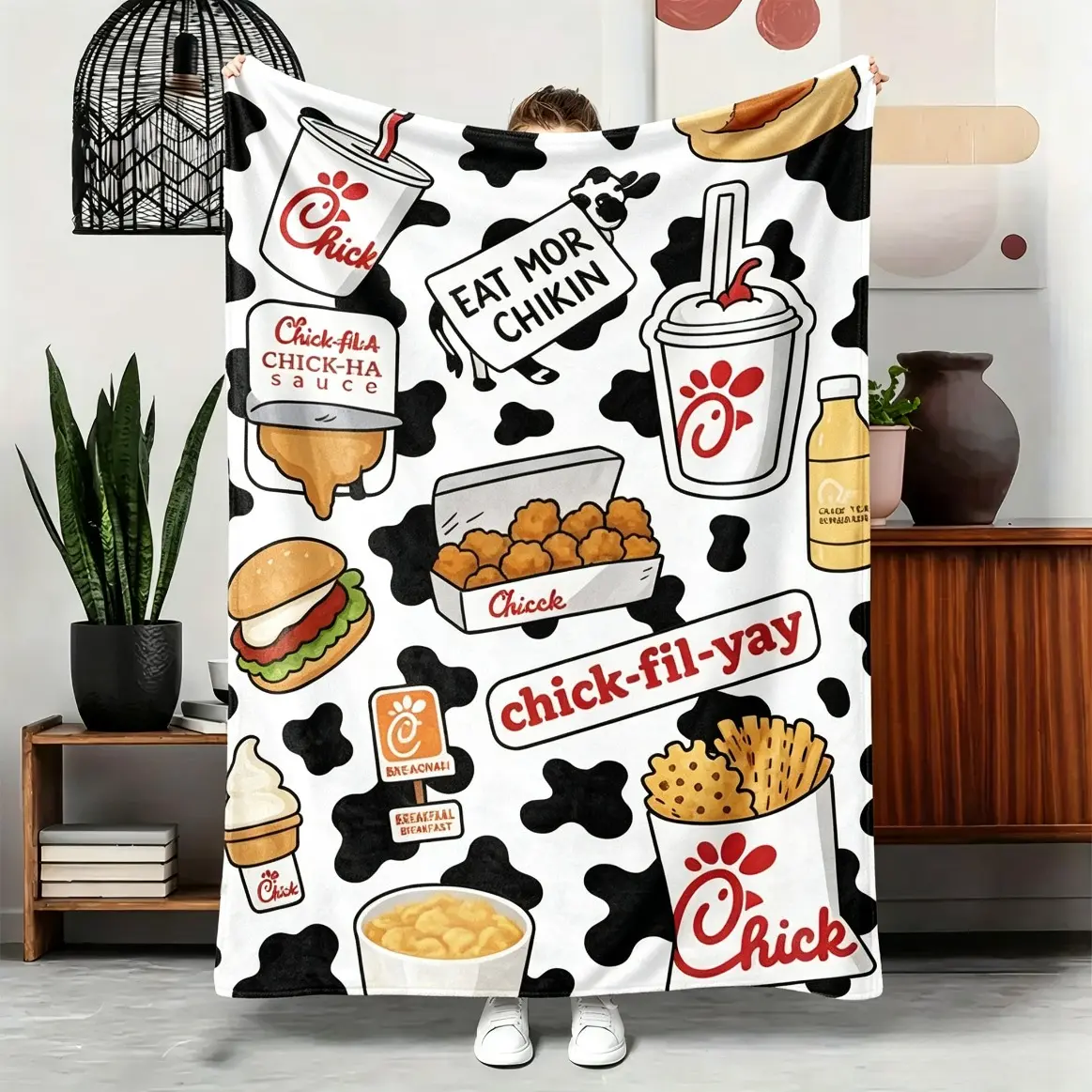 Chick-Fil-A Themed Cozy Flannel Throw Blankets, Fun Food Print Design, Lightweight Durable Acrylic Blanket for Adults & Kids, Breathable All Season Blanket for Living Room Dining Room Decor, Food Lover Gift, Bed Accessories