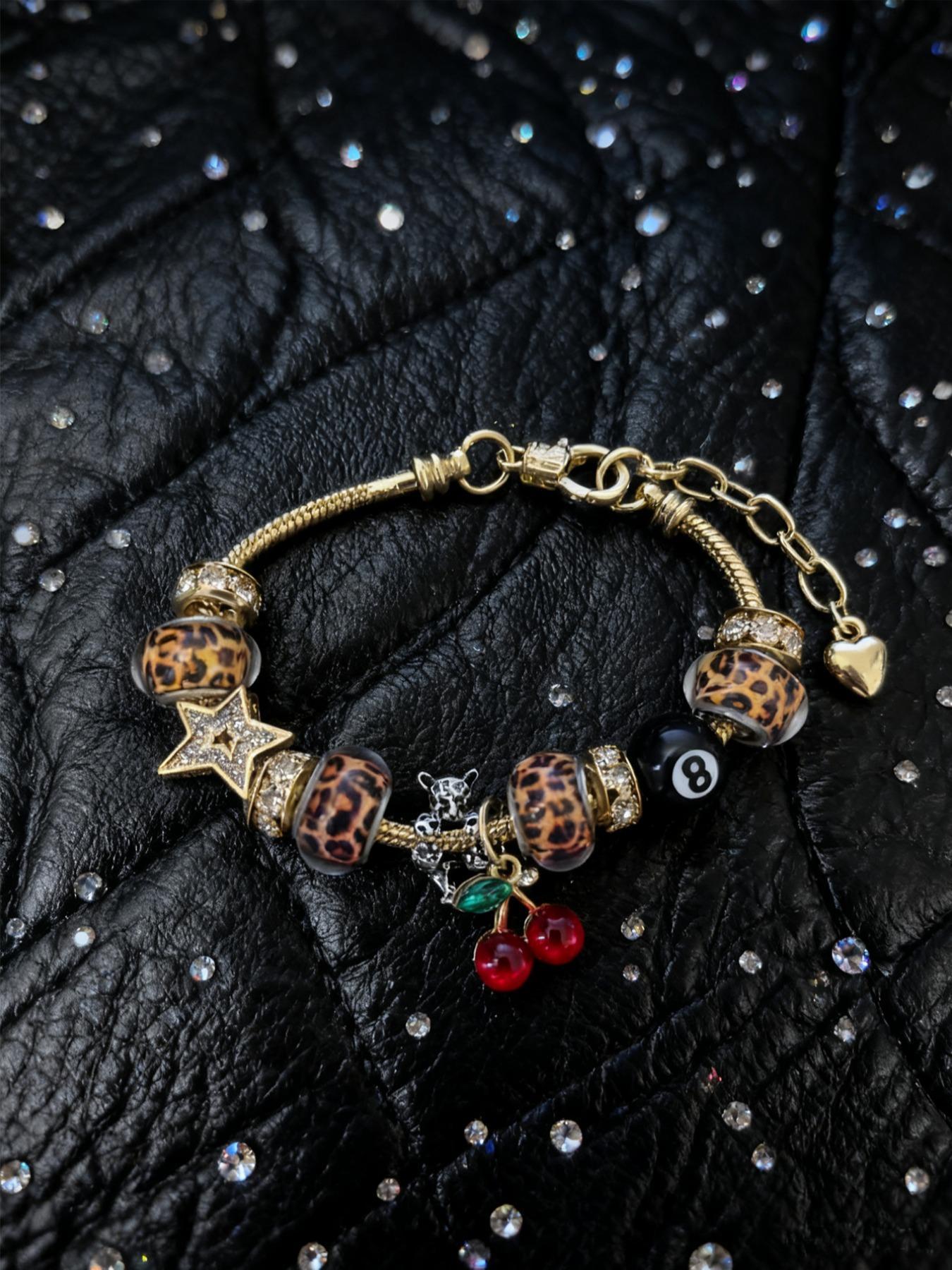 2026 New Women's Leopard Print Rhinestone Cherry Charm Bracelet, Trendy Y2K Iron Chain Bracelet, Versatile All-Season Jewelry & Perfect Gift for Her