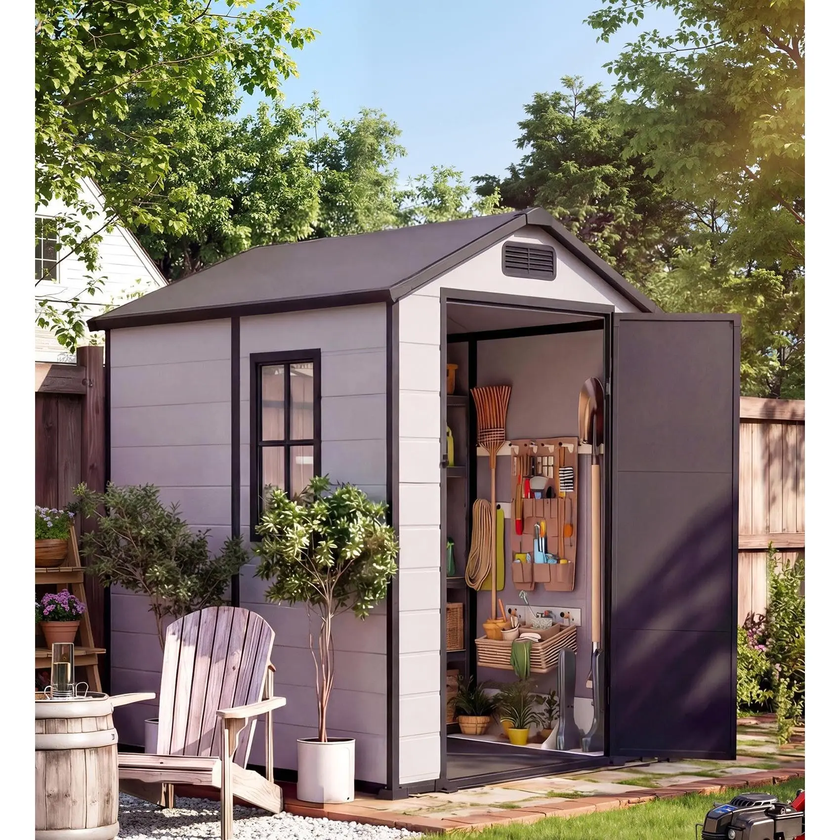4 x 6 ft Resin Outdoor Storage Shed with Floor, Window, Ventilation, Sloping Roof, and Lockable Door for Tools