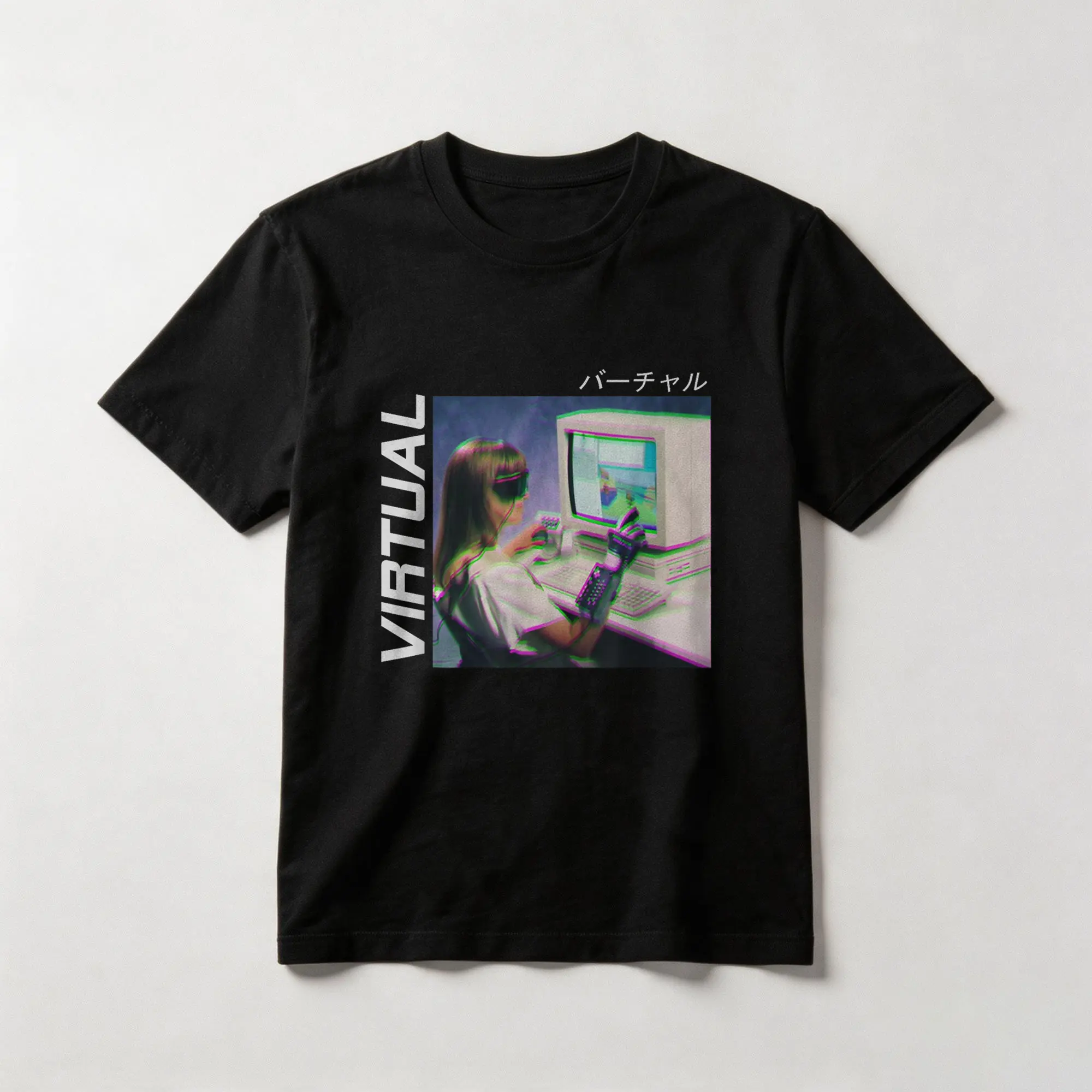 Vaporwave 90s Glitch Vaporwave Aesthetic Virtual Cotton T-shirt, Graphic Crew Neck Soft Top Short Sleeve Casual Unsex Shirt for Men Women
