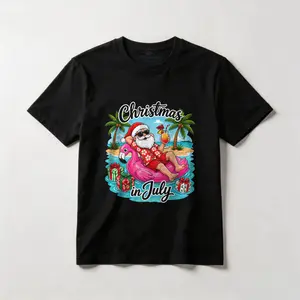 Christmas in July Flamingo Float Santa Hawaiian Vacation Cotton T-shirt, Graphic Crew Neck Soft Top Short Sleeve Casual Unsex Shirt for Men Women