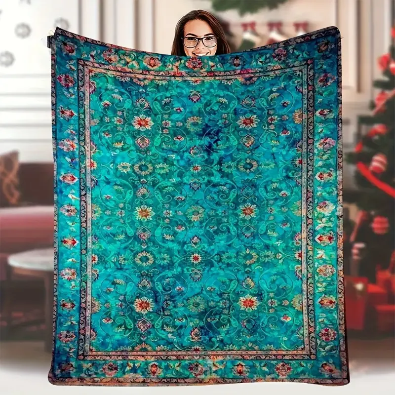 Turquoise Printed Throw Blanket, Single-Sided, Soft Polyester Flannel, Multiple Sizes, Contemporary Style, All-Season, Breathable, Ideal for Everyday Use, Digital Print, 200-250g/㎡, Versatile Home Decor