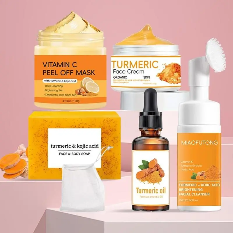Turmeric Kojic Acid Complete Skin Care Set, Vitamin C Peel Off Mask, Turmeric Face Cream, Brightening Soap, Turmeric Essential Oil, Foaming Facial Cleanser for Face & Body