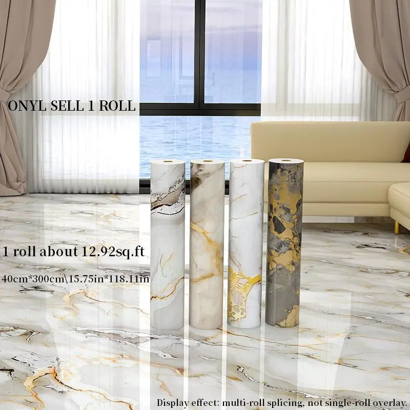 1 Roll, 15.75 x 118.11 in Extra-Thick Marble-Pattern Peel-and-Stick Vinyl Flooring, Self-Adhesive Covering for Floors or Walls, Easy-Care Surface for Bedroom, Living Room, Bathroom Renovation