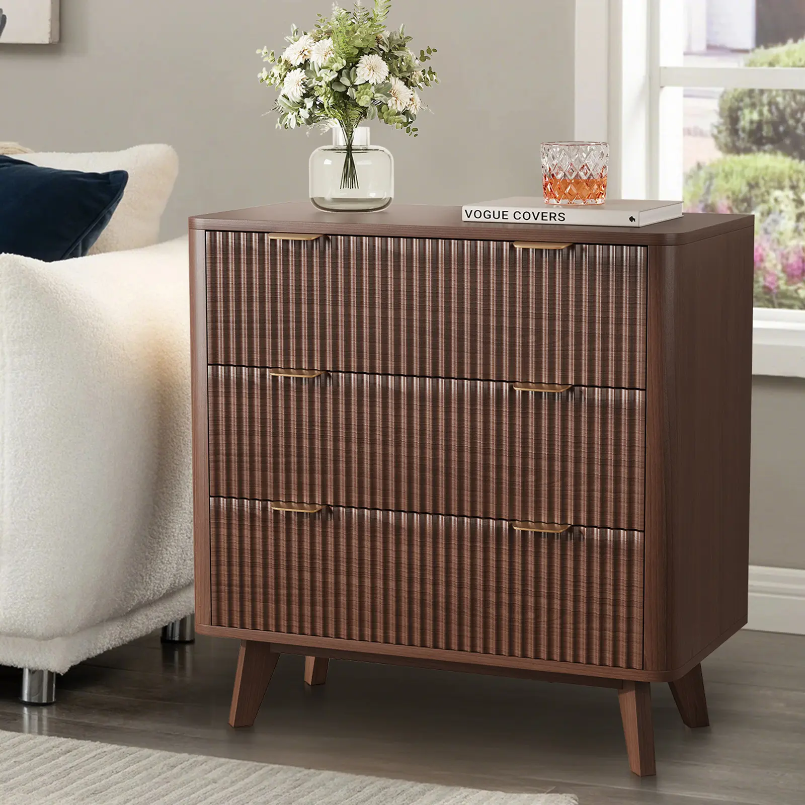 Fluted 3 Drawer Nightstand – Modern Walnut Bedside Table, 32" Width Large Storage Dresser for Bedroom, Living Room, Hallway, Entryway