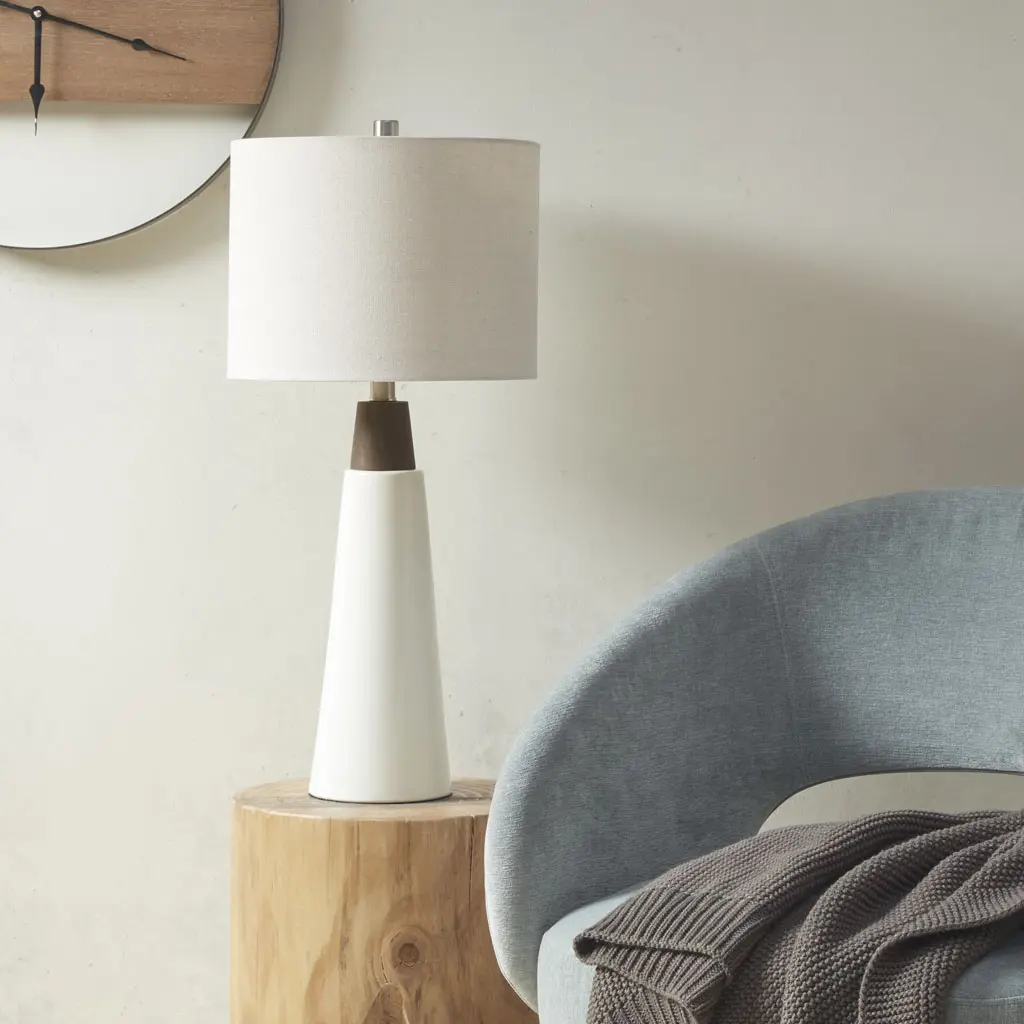 Nokaa Triangular Ceramic-Wooden Base Table Lamp, Modern Minimalist 1-Pack Nightstand Light with Cream Shade, Warm Glow Ambient Lighting, Lights for Bedroom, Compact Indoor Furniture for Living Room Office