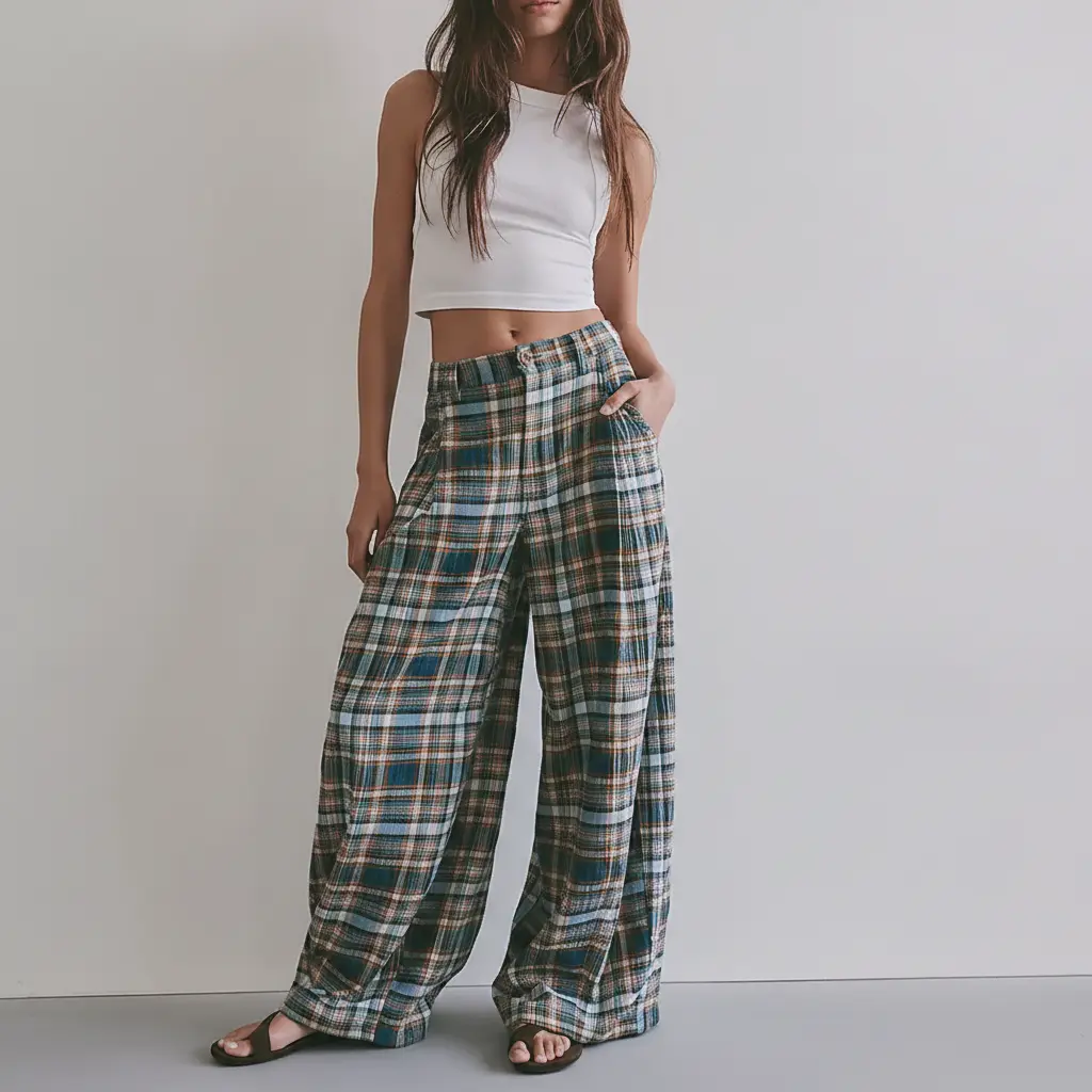 Women Vintage Plaid Palazzo Pants, High Waist Pleated Wide Leg Trousers, Loose Flowy Casual Beach Vacation Pants with Side Pockets