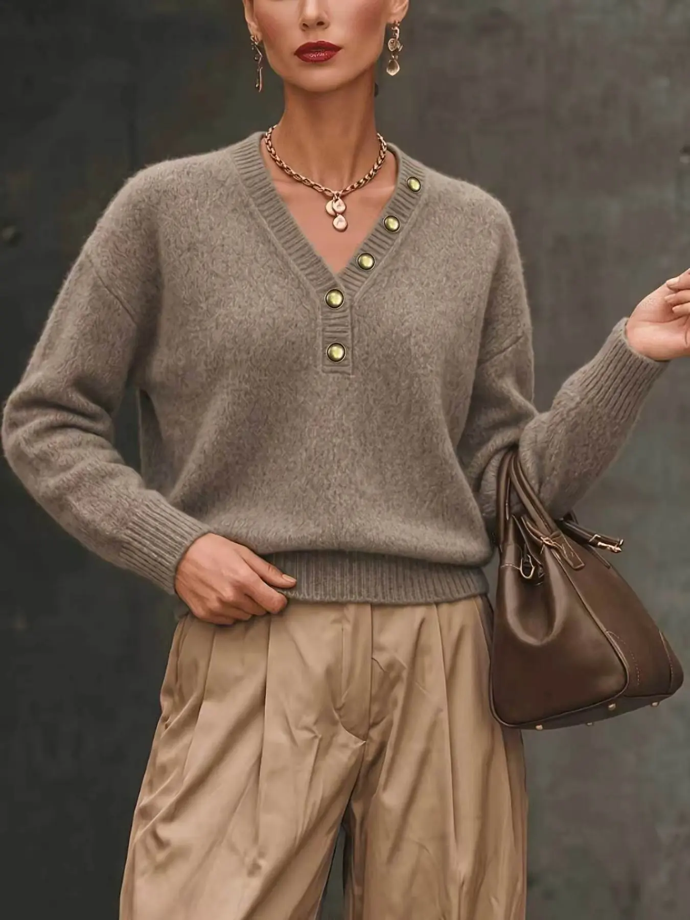 Half Open Button Knit Sweater, Elegant Versatile Design, Perfect for Home, Office, Travel, Slimming Base Layer, Comfortable and Stylish