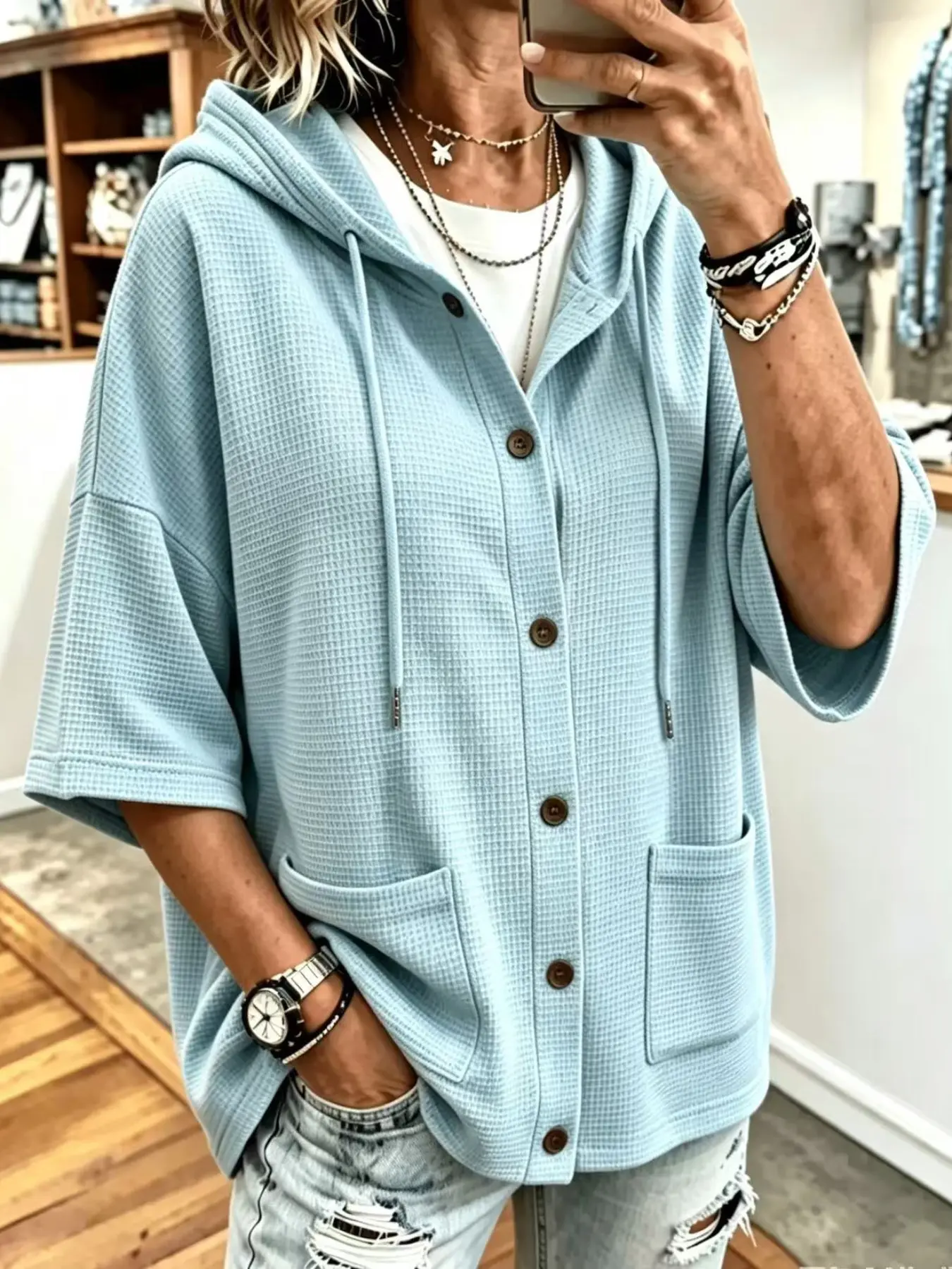 Spring Summer Lightweight Loose Hooded Jacket, Button Front Design, Layered Look with T-Shirt, Casual Comfortable Style