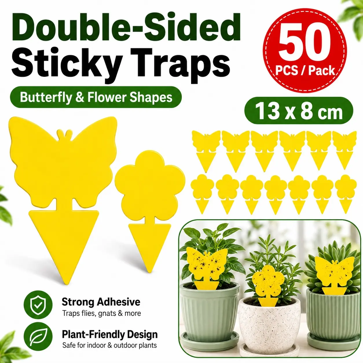 50PCS Yellow Sticky Traps, Dual-Sided Strong Adhesive Fly and Insect Catcher Stickers for Outdoor Plants, Garden, Greenhouse and Home Pest Control