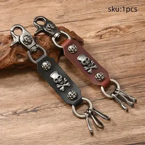 1pc Genuine Leather European and American Punk Rock Skull Keychain, Unique Men's Pants Accessory Keychain