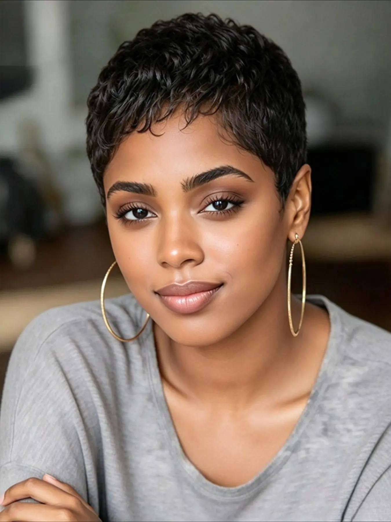 Pixie Cut Wig for Women Curly Wave Human Hair Wig Christmas Wig Full Machine Made Wig 150% Density 6 Inch