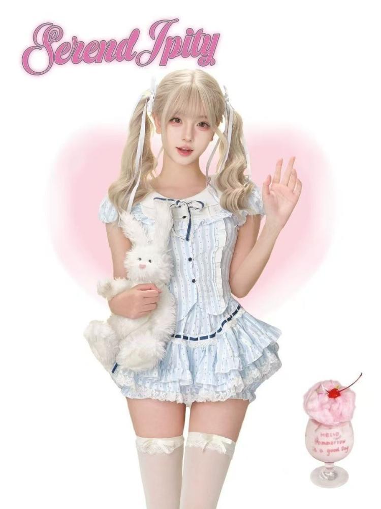 New Preppy Style Sweet Kawaii Blue Lovable Short Skirt Suit Fashion Pretty Slim Long Sleeve Doll Collar Striped Bow 2-piece Set