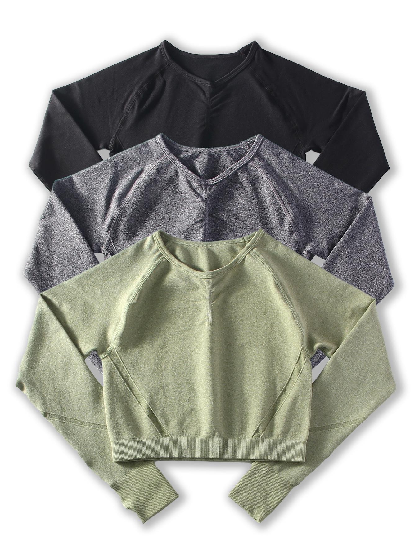 Women's Solid Raglan Sleeve Crop Sports Tee, Sporty Breathable Comfortable Round Neck Long Sleeve T-shirt for Yoga Gym Workout, Ladies Sportswear for Spring & Fall, Athletic Yoga Tops