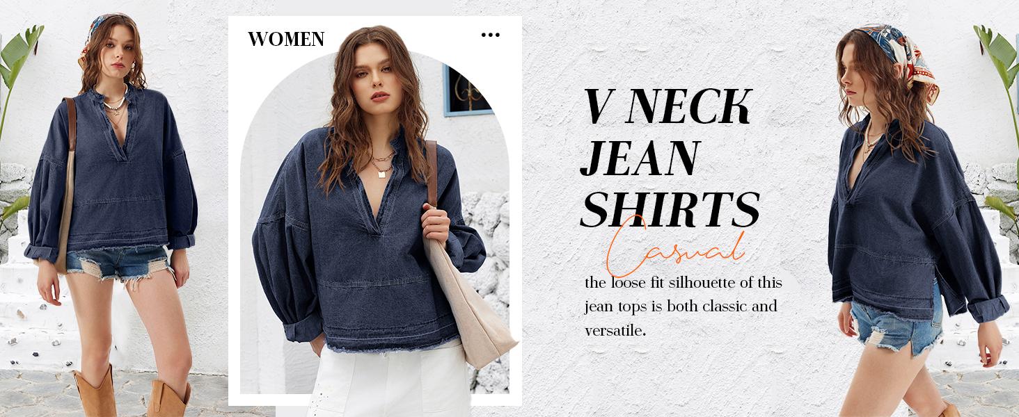 FMEYOA Womens Denim Tops Pullover Trendy Casual V Neck Loose Fit Puff Sleeve Jean Cotton Shirts FMEYOA Womens Denim Tops Pullover Trendy Casual V Neck Loose Fit Puff Sleeve Jean Cotton Shirts